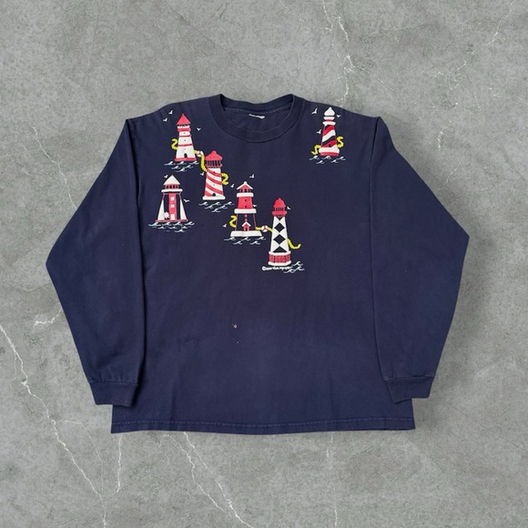 American Vintage Tops - Vintage Y2K Lighthouse Art Long Sleeve T-shirt by Vicki Melhart Navy Blue